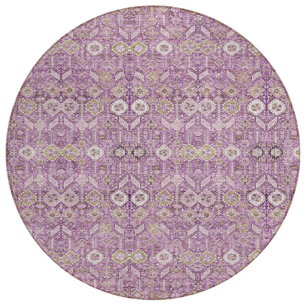 8' Round Lavender and Ivory Round Floral Washable Non Skid Indoor Outdoor Area Rug N270-564343