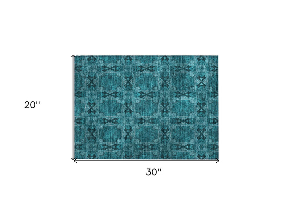 2' X 3' Teal Floral Medallion Washable Non Skid Indoor Outdoor Area Rug N270-563475