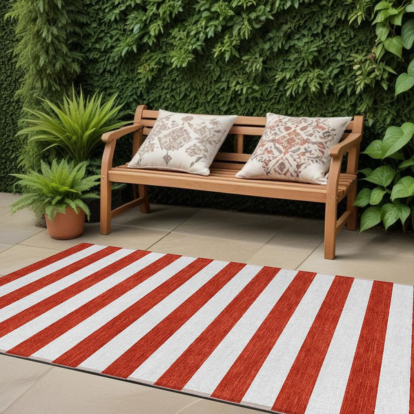 8' Runner Red and White Striped Washable Non Skid Indoor Outdoor Runner Rug N270-560925
