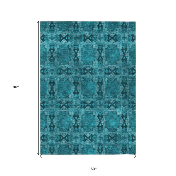 5' X 8' Teal Floral Medallion Washable Non Skid Indoor Outdoor Area Rug N270-563479