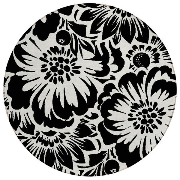 8' Round Black and Ivory Round Floral Washable Non Skid Indoor Outdoor Area Rug N270-562412