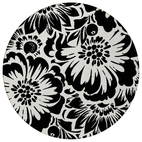8' Round Black and Ivory Round Floral Washable Non Skid Indoor Outdoor Area Rug N270-562412