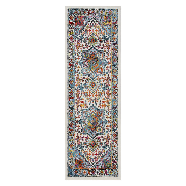 7' Runner White and Blue Medallion Runner Rug N270-565161