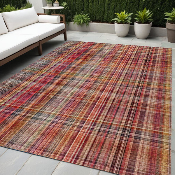 5' X 8' Red Plaid Washable Non Skid Indoor Outdoor Area Rug N270-561916