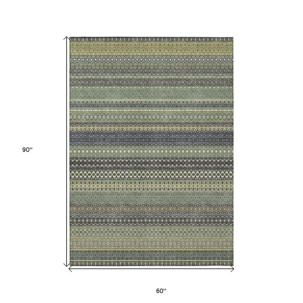 5' X 8' Sage Striped Washable Non Skid Indoor Outdoor Area Rug N270-560784