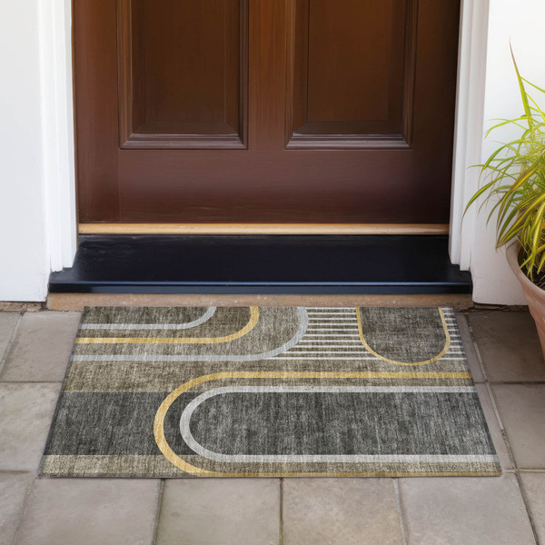 2' X 3' Gray Green and Gold Abstract Washable Non Skid Indoor Outdoor Area Rug N270-561347