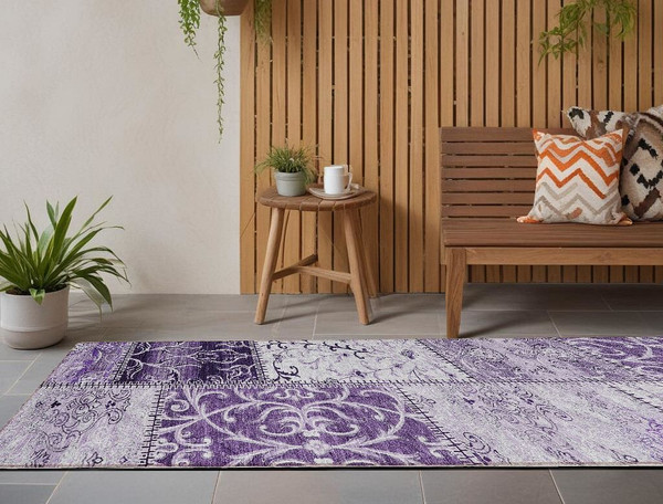 8' Runner Purple Patchwork Washable Non Skid Indoor Outdoor Runner Rug N270-563566