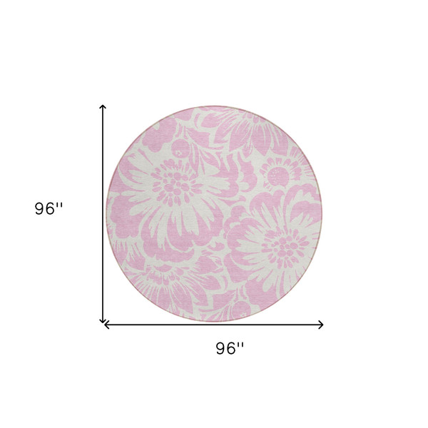 8' Round Pink and Ivory Round Floral Washable Non Skid Indoor Outdoor Area Rug N270-562511
