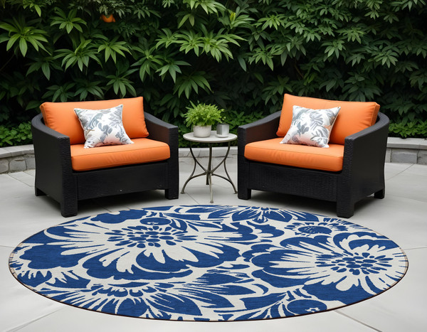 8' Round Navy and Ivory Round Floral Washable Non Skid Indoor Outdoor Area Rug N270-562484