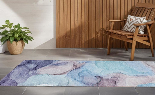 8' Runner Blue Abstract Washable Non Skid Indoor Outdoor Runner Rug N270-559659