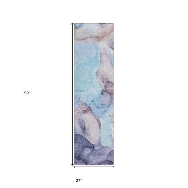 8' Runner Blue Abstract Washable Non Skid Indoor Outdoor Runner Rug N270-559659