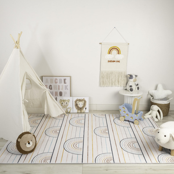 4' X 6' Ivory Blue and Yellow Juvenile Rainbows Youthful Area Rug N270-570100