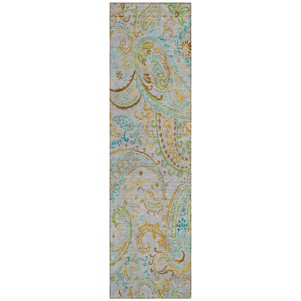 2' X 8' Gray and Gold Paisley Washable Non Skid Indoor Outdoor Runner Rug N270-561402