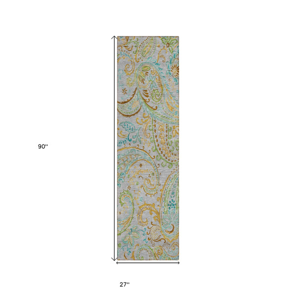 2' X 8' Gray and Gold Paisley Washable Non Skid Indoor Outdoor Runner Rug N270-561402
