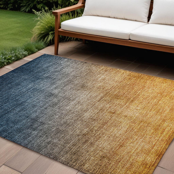 8' X 10' Denim and Gold Ombre Washable Non Skid Indoor Outdoor Area Rug N270-563715