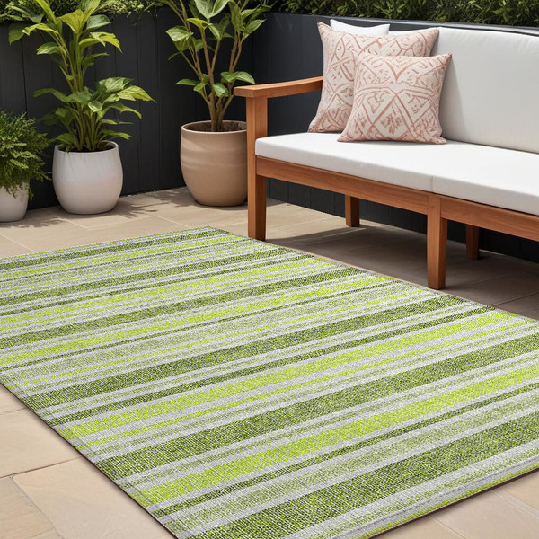 8' X 10' Green and Yellow Striped Washable Non Skid Indoor Outdoor Area Rug N270-561155