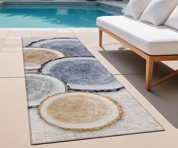 8' Runner Beige Blue and Gold Faux Bois Washable Non Skid Indoor Outdoor Runner Rug N270-564393