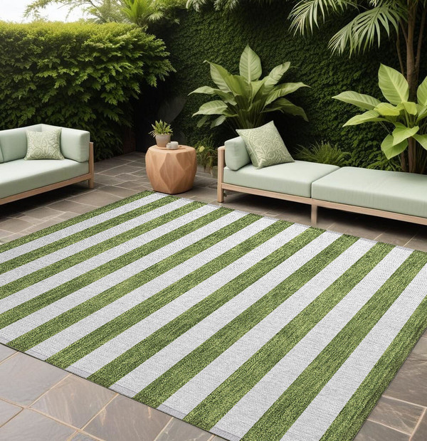 9' X 12' Olive Green Striped Washable Non Skid Indoor Outdoor Area Rug N270-560886