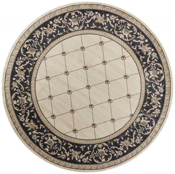 8' Ivory Grey Floral Round Indoor Area Rug N270-352691
