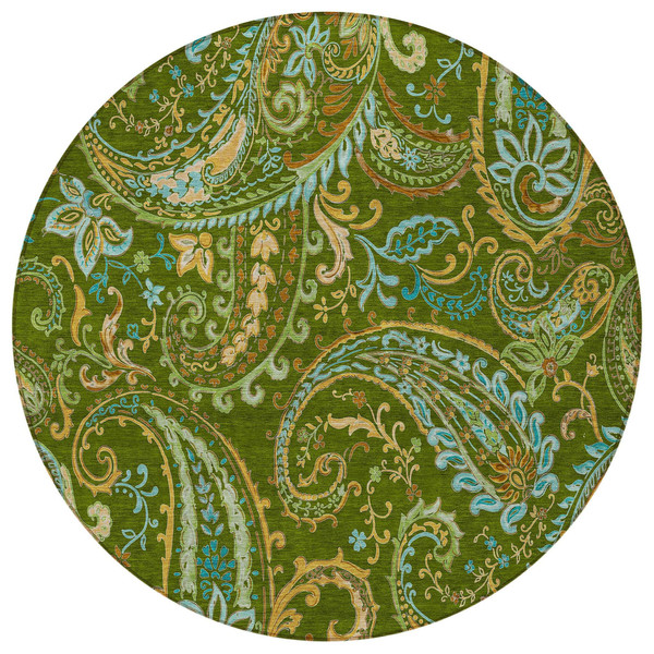 8' Round Green Round Paisley Washable Non Skid Indoor Outdoor Area Rug N270-561415