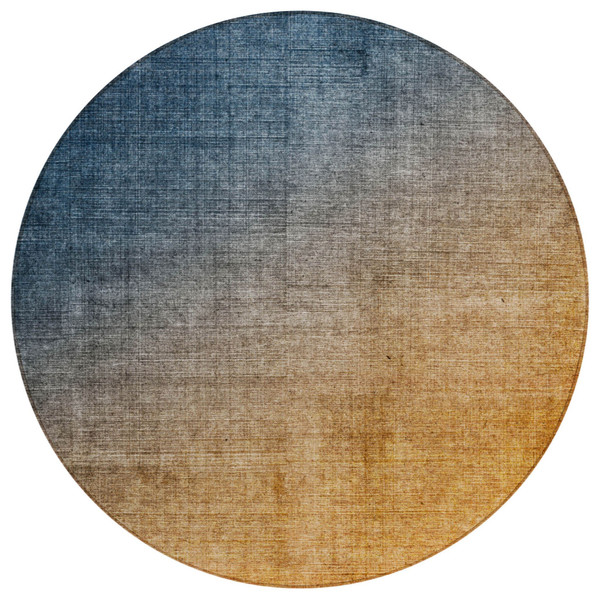 8' Round Denim and Gold Round Ombre Washable Non Skid Indoor Outdoor Area Rug N270-563714