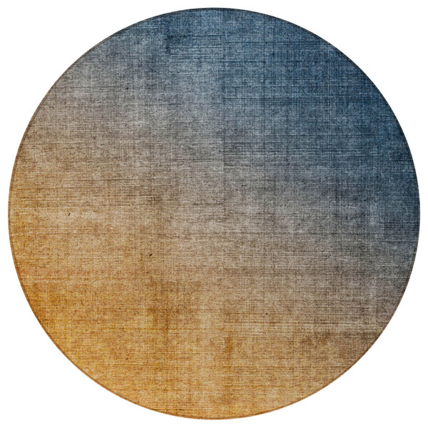 8' Round Denim and Gold Round Ombre Washable Non Skid Indoor Outdoor Area Rug N270-563714