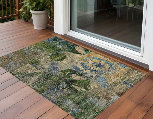 3' X 5' Taupe Blue and Green Floral Washable Non Skid Indoor Outdoor Area Rug N270-562788