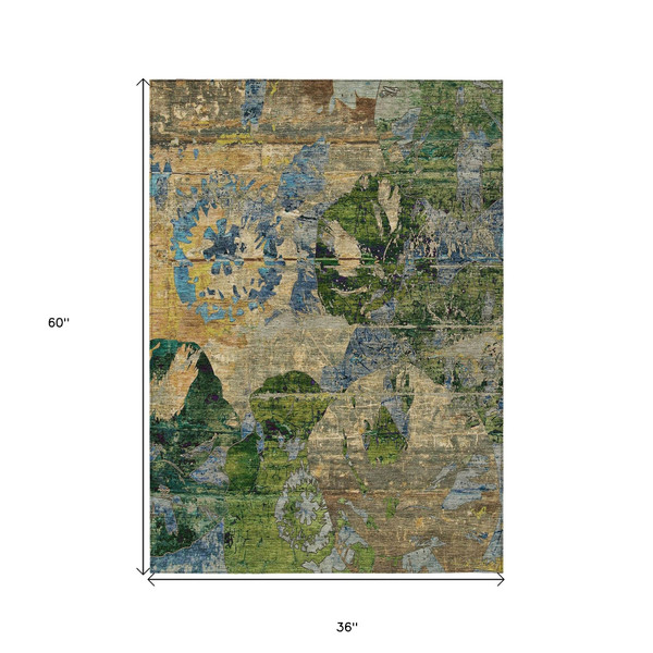 3' X 5' Taupe Blue and Green Floral Washable Non Skid Indoor Outdoor Area Rug N270-562788