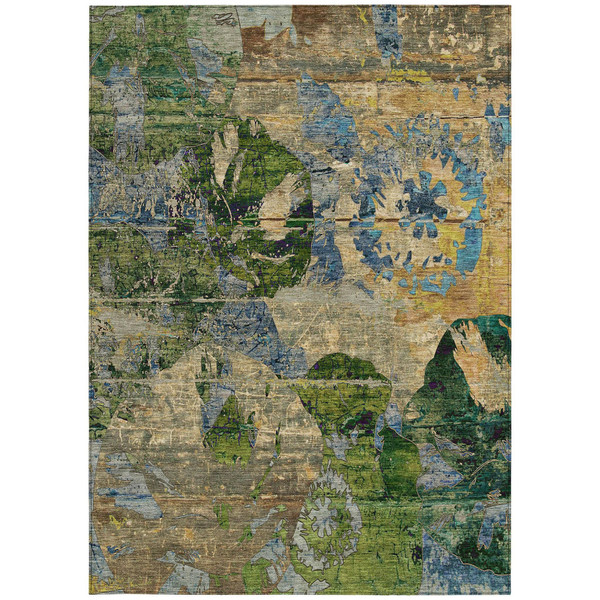 3' X 5' Taupe Blue and Green Floral Washable Non Skid Indoor Outdoor Area Rug N270-562788