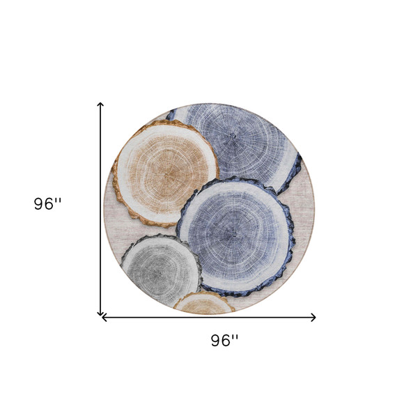 8' Round Beige Blue and Gold Round Faux Bois Washable Non Skid Indoor Outdoor Area Rug N270-564397