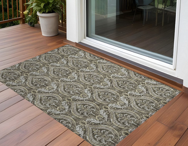 3' X 5' Taupe and Beige Damask Washable Non Skid Indoor Outdoor Area Rug N270-563892