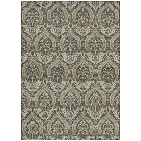 3' X 5' Taupe and Beige Damask Washable Non Skid Indoor Outdoor Area Rug N270-563892