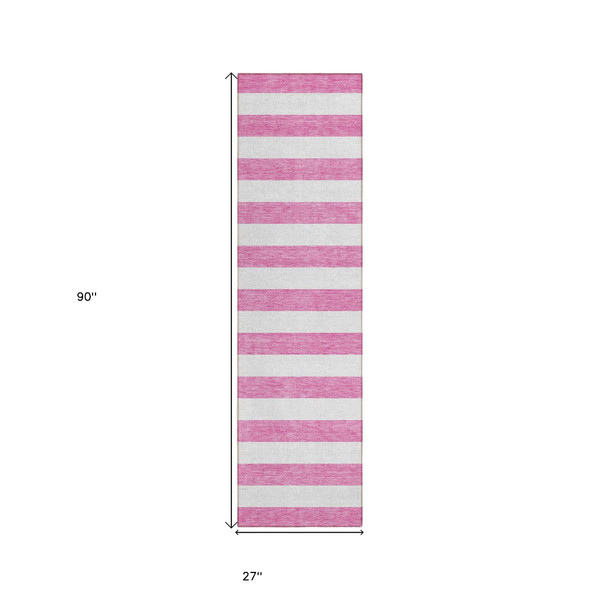 2' X 8' Pink and White Striped Washable Indoor Outdoor Runner Rug N270-560907