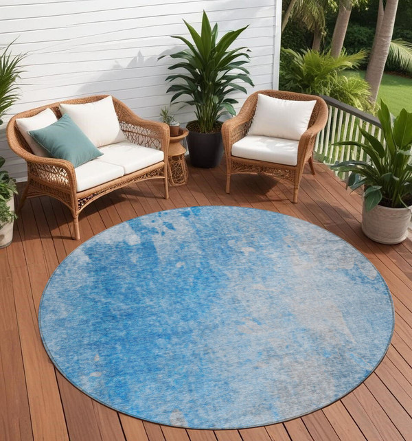 8' Round Blue and Gray Round Abstract Washable Non Skid Indoor Outdoor Area Rug N270-563282