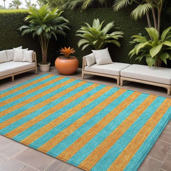 9' X 12' Aqua Striped Washable Non Skid Indoor Outdoor Area Rug N270-561030