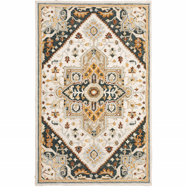 8' X 10' Ivory Charcoal Gold Clay And Muted Blue Oriental Tufted Handmade Stain Resistant Area Rug N270-508113