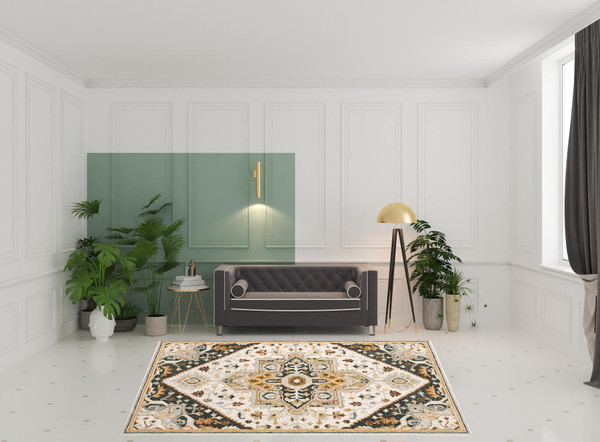8' X 10' Ivory Charcoal Gold Clay And Muted Blue Oriental Tufted Handmade Stain Resistant Area Rug N270-508113