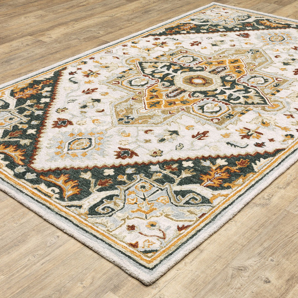 8' X 10' Ivory Charcoal Gold Clay And Muted Blue Oriental Tufted Handmade Stain Resistant Area Rug N270-508113
