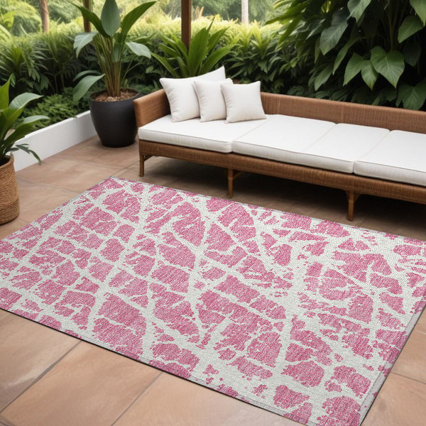 9' X 12' Pink and Ivory Abstract Washable Non Skid Indoor Outdoor Area Rug N270-559305