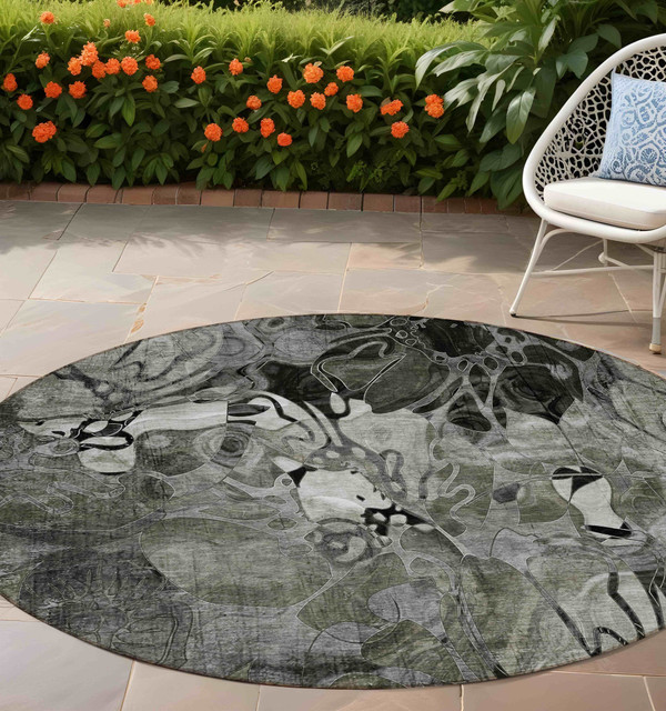 8' X 8' Gray Round Abstract Washable Indoor Outdoor Area Rug N270-563048