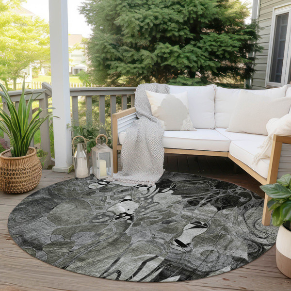 8' X 8' Gray Round Abstract Washable Indoor Outdoor Area Rug N270-563048