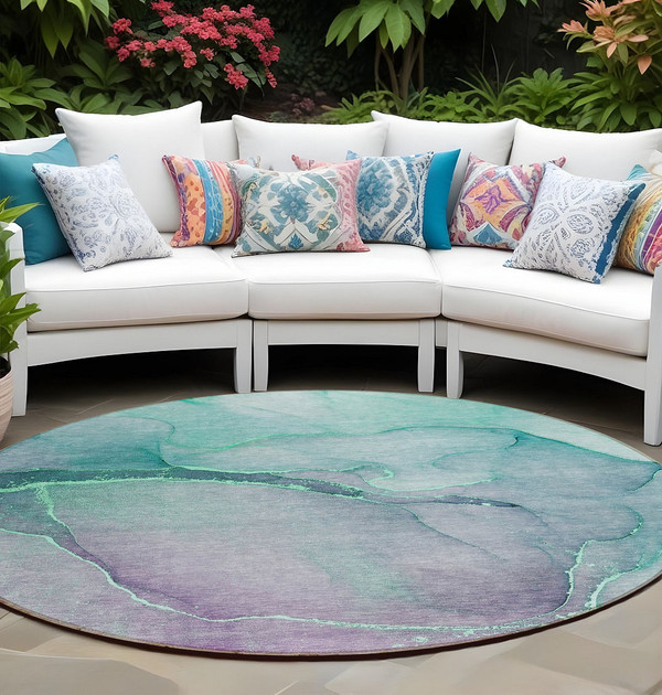8' Round Green Round Abstract Washable Non Skid Indoor Outdoor Area Rug N270-559789