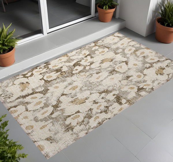3' X 5' Khaki Floral Washable Non Skid Indoor Outdoor Area Rug N270-561726