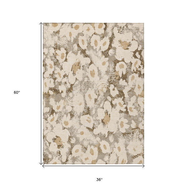 3' X 5' Khaki Floral Washable Non Skid Indoor Outdoor Area Rug N270-561726