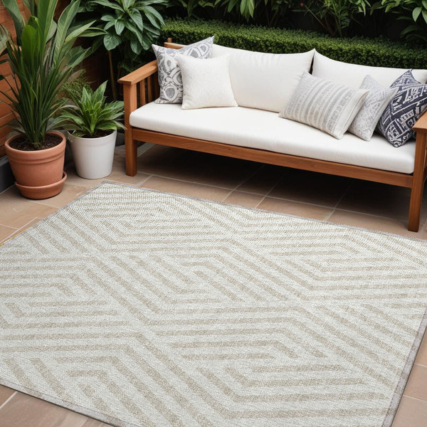 9' X 12' Beige and Ivory Geometric Washable Non Skid Indoor Outdoor Area Rug N270-562306