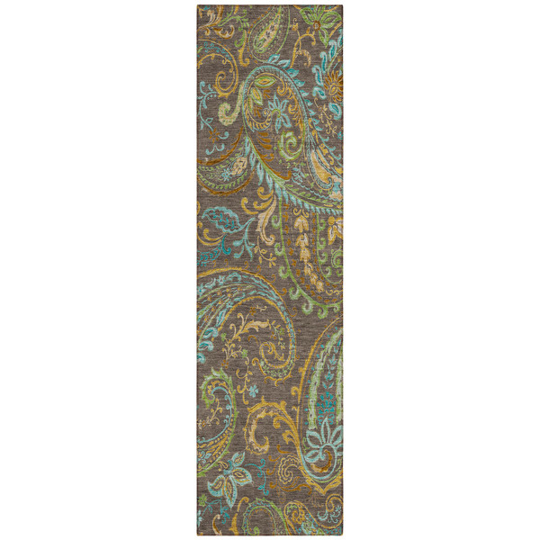 2' X 8' Brown Aqua and Gold Paisley Washable Non Skid Indoor Outdoor Area Rug N270-561393