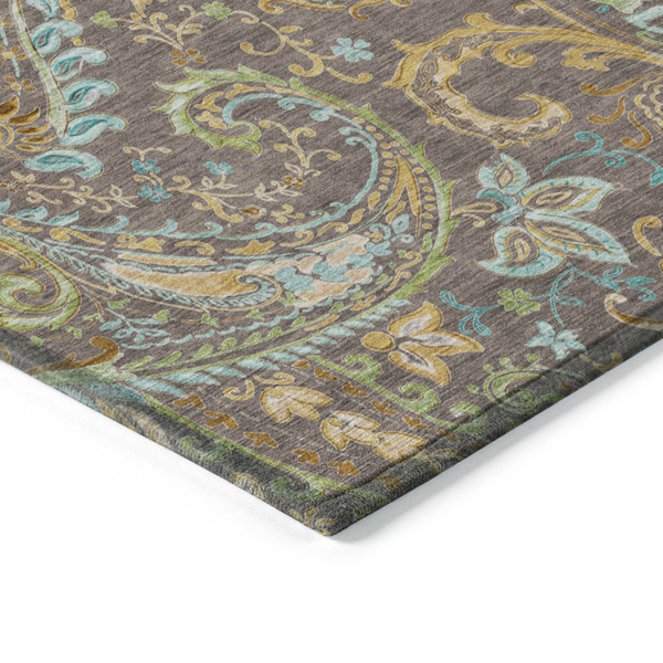 2' X 8' Brown Aqua and Gold Paisley Washable Non Skid Indoor Outdoor Area Rug N270-561393