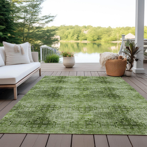 8' X 10' Olive Green Floral Medallion Washable Non Skid Indoor Outdoor Area Rug N270-562977