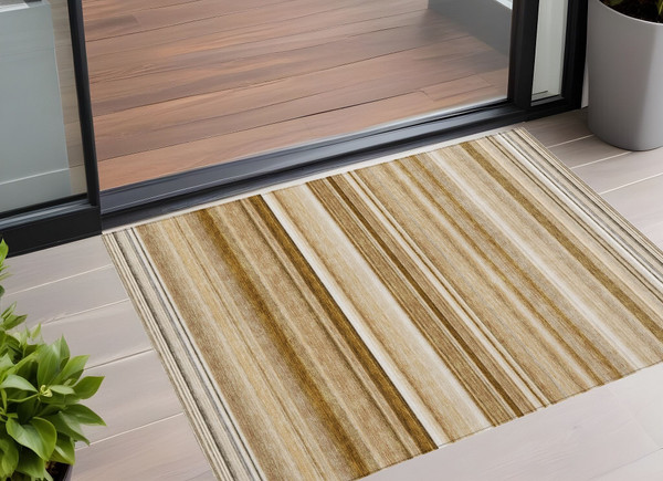 3' X 5' Chocolate Striped Washable Non Skid Indoor Outdoor Area Rug N270-561008