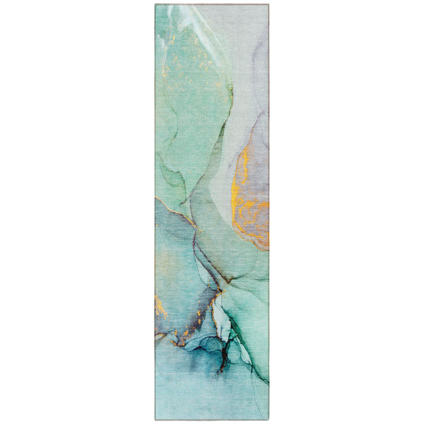 8' Runner Teal Abstract Washable Non Skid Indoor Outdoor Runner Rug N270-559713